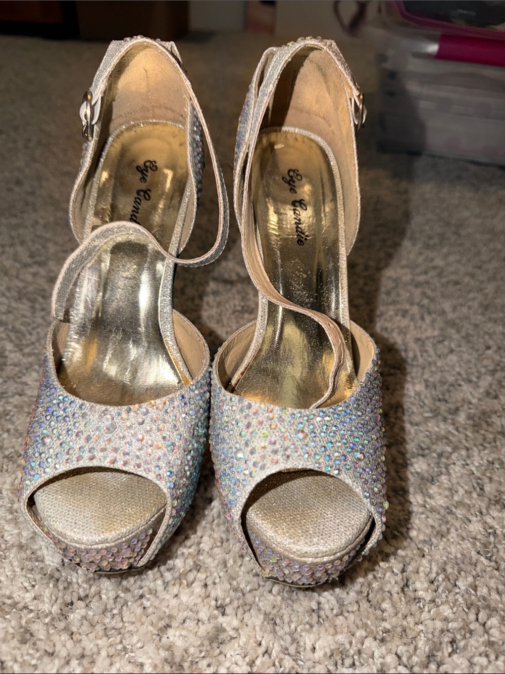 eye candy Iridescent Crystal Peep-Toe Heels - Gold
